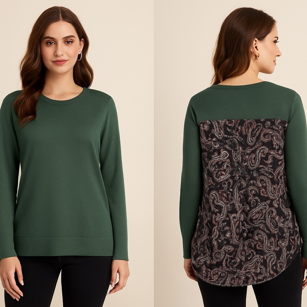 NWT 52 Seven Evergreen Crew Neck Sweater w/ Paisley Back High-Low Hem Size Med